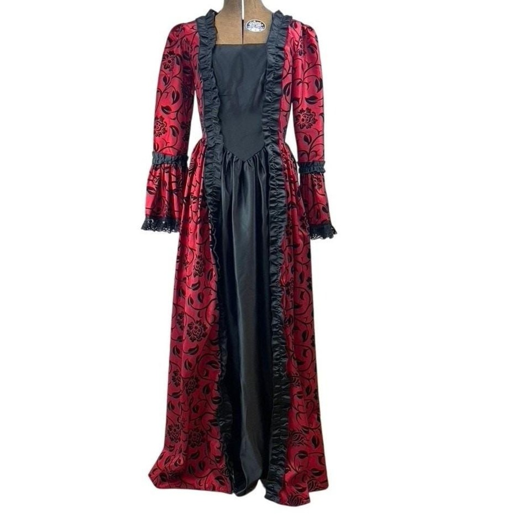 Victorian Style Corset Back Maxi Gown Womens|M|Red Black Flocked Goth Costume